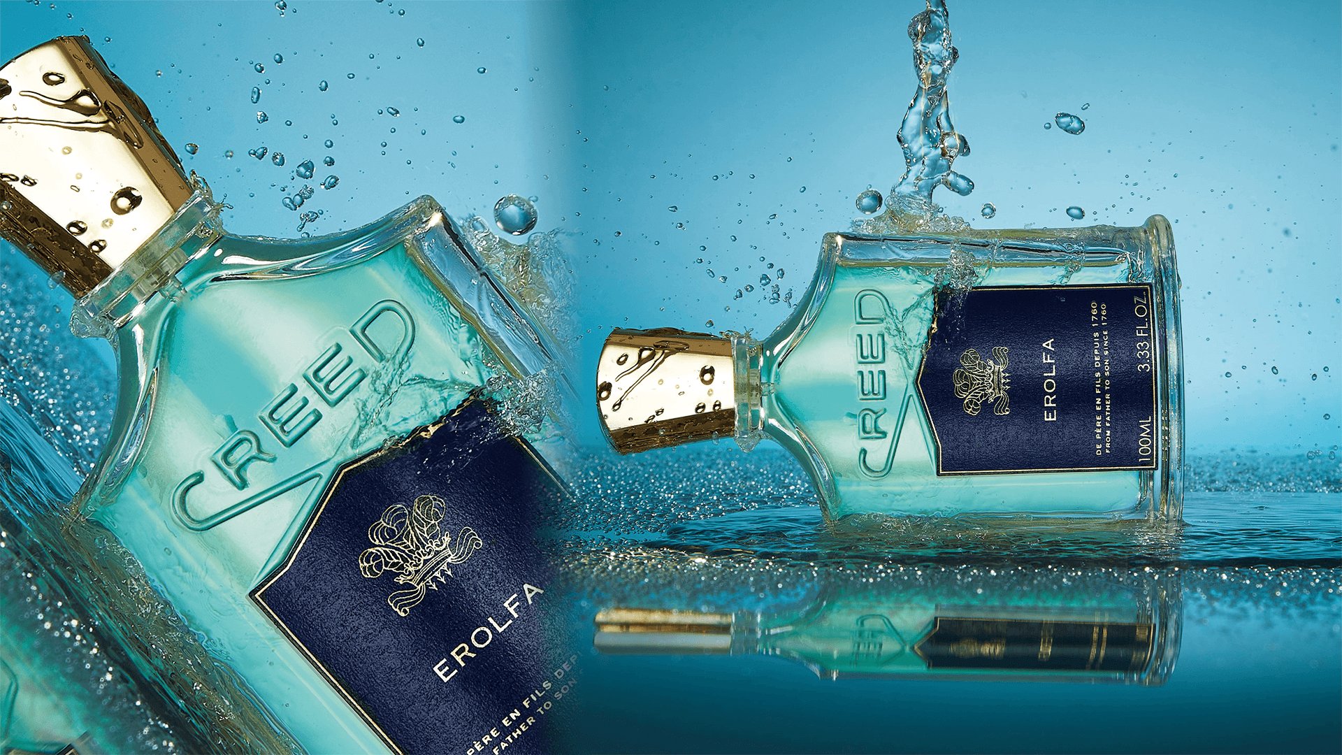 CREED 艾洛法 海洋調香水形象，以清澈水波與海洋意象呈現清新通透的香氣氛圍